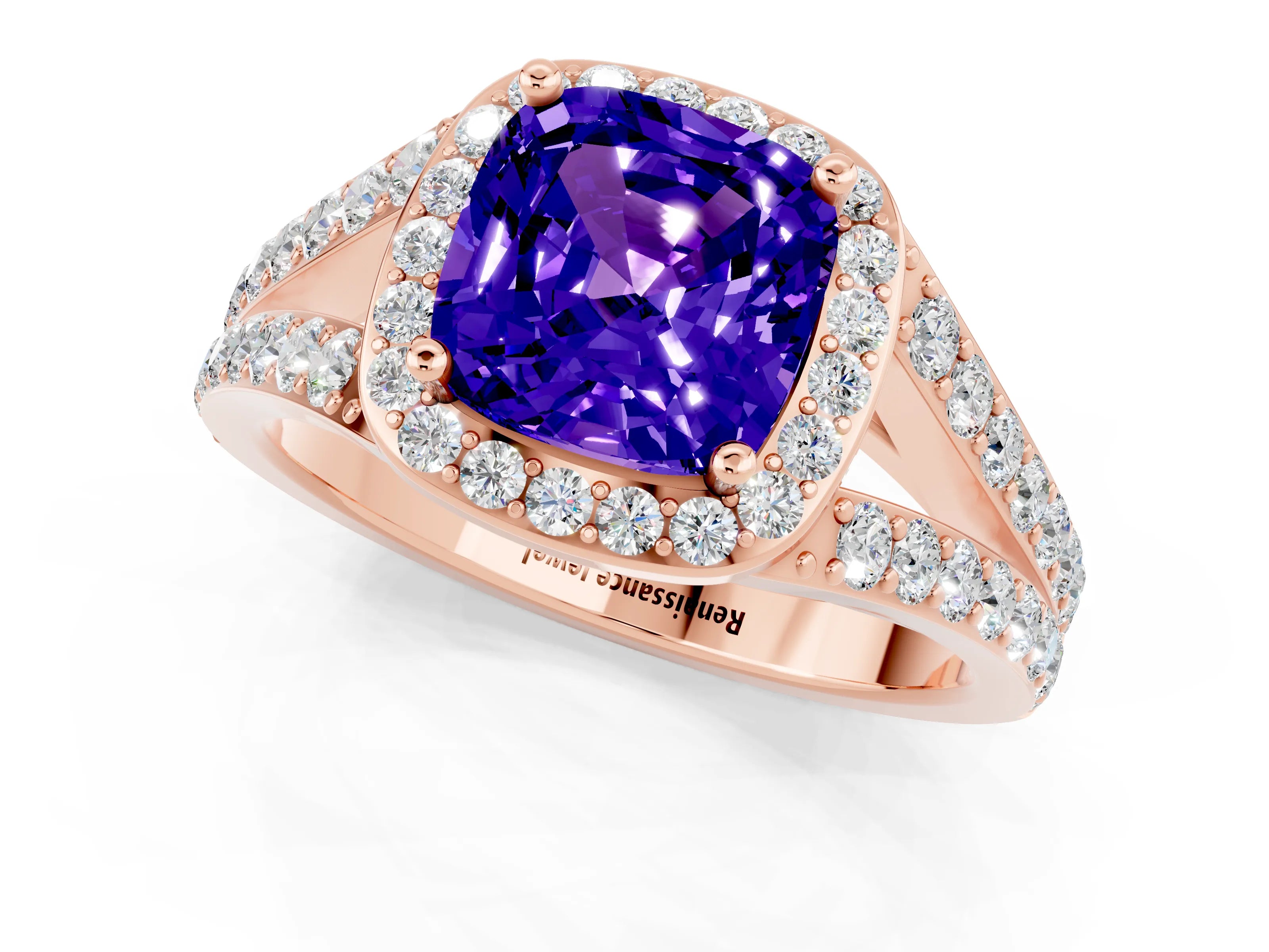 Rose gold Cushion Cut Tanzanite Split Shank Halo Ring with Four-Prong Setting_13