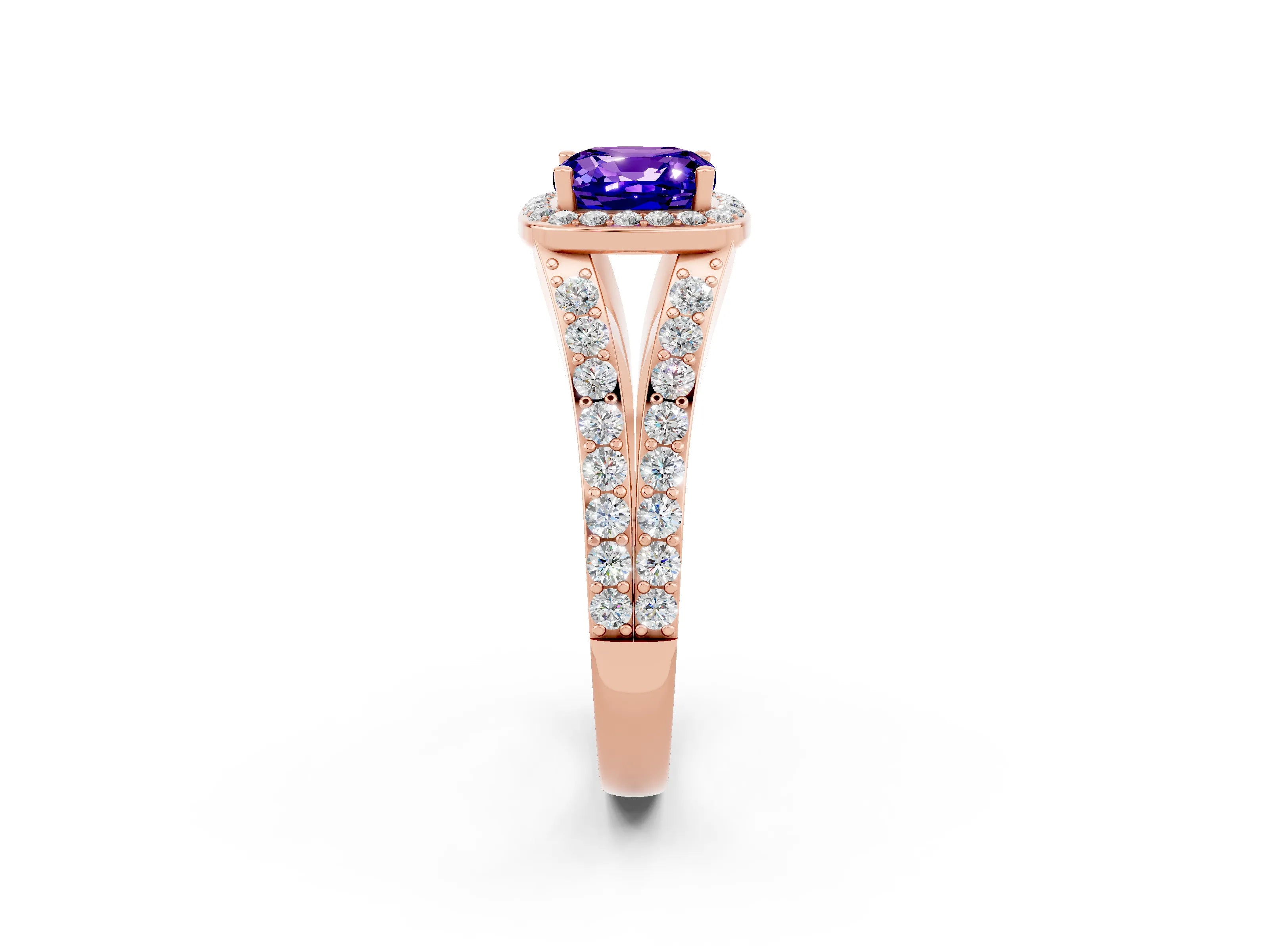Rose gold Cushion Cut Tanzanite Split Shank Halo Ring with Four-Prong Setting_14