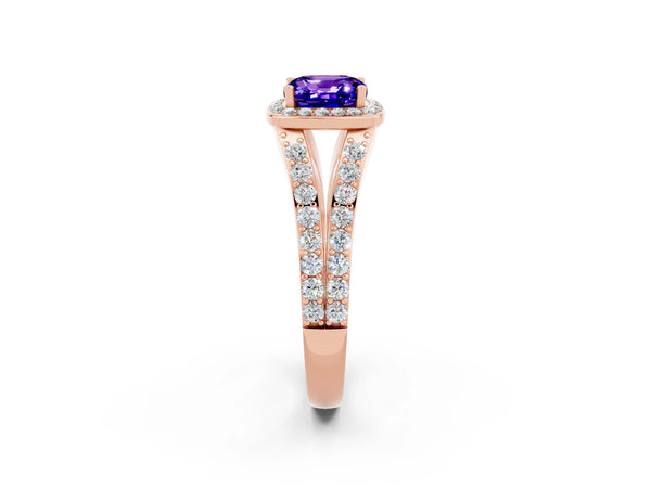 Rose gold Cushion Cut Tanzanite Split Shank Halo Ring with Four-Prong Setting