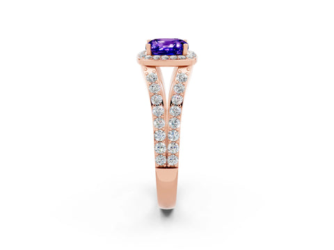 Rose gold Cushion Cut Tanzanite Split Shank Halo Ring with Four-Prong Setting_14