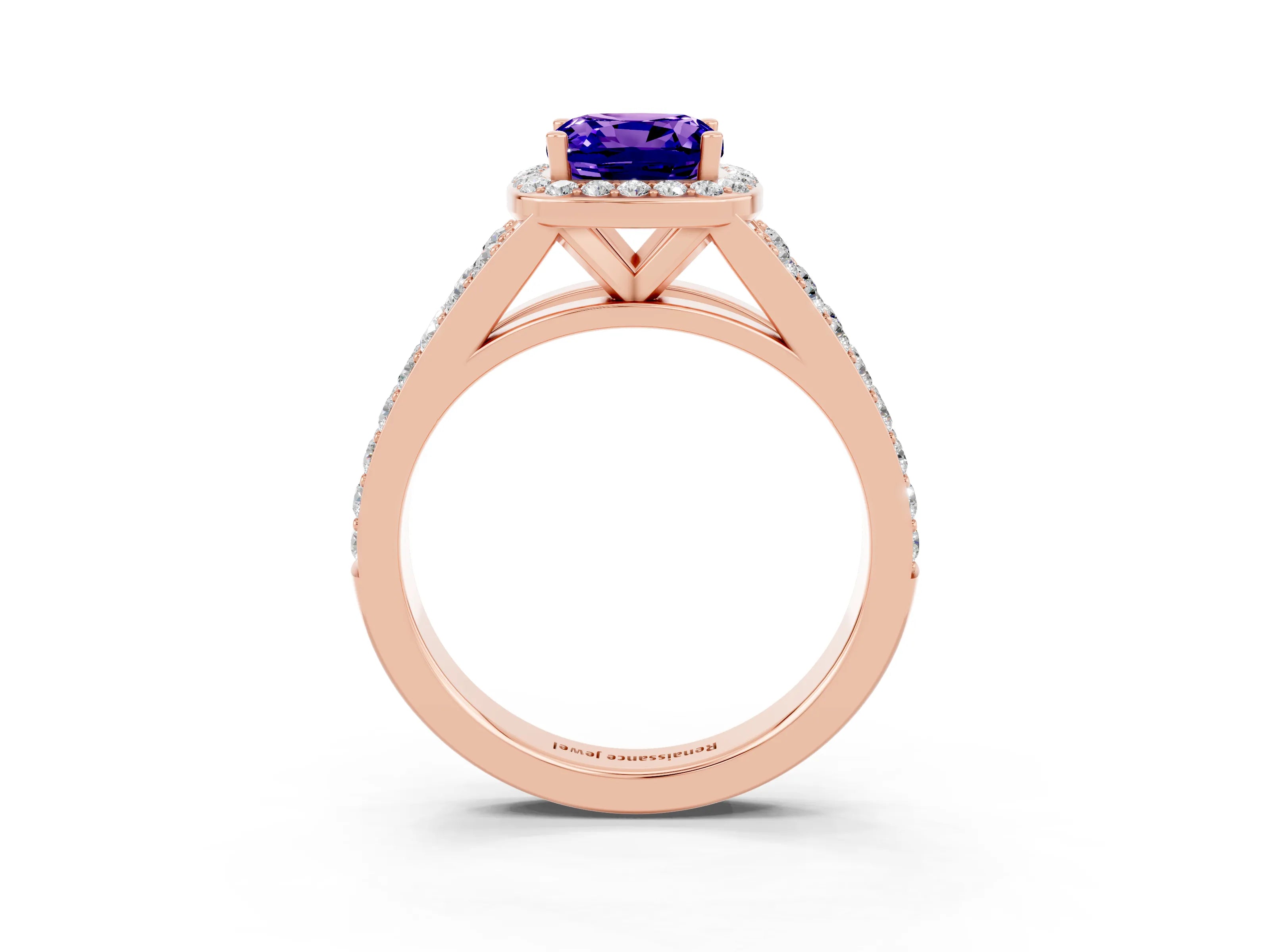 Rose gold Cushion Cut Tanzanite Split Shank Halo Ring with Four-Prong Setting_15