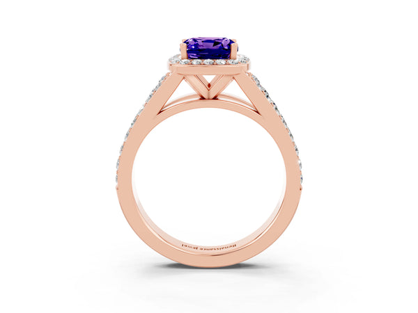 Rose gold Cushion Cut Tanzanite Split Shank Halo Ring with Four-Prong Setting