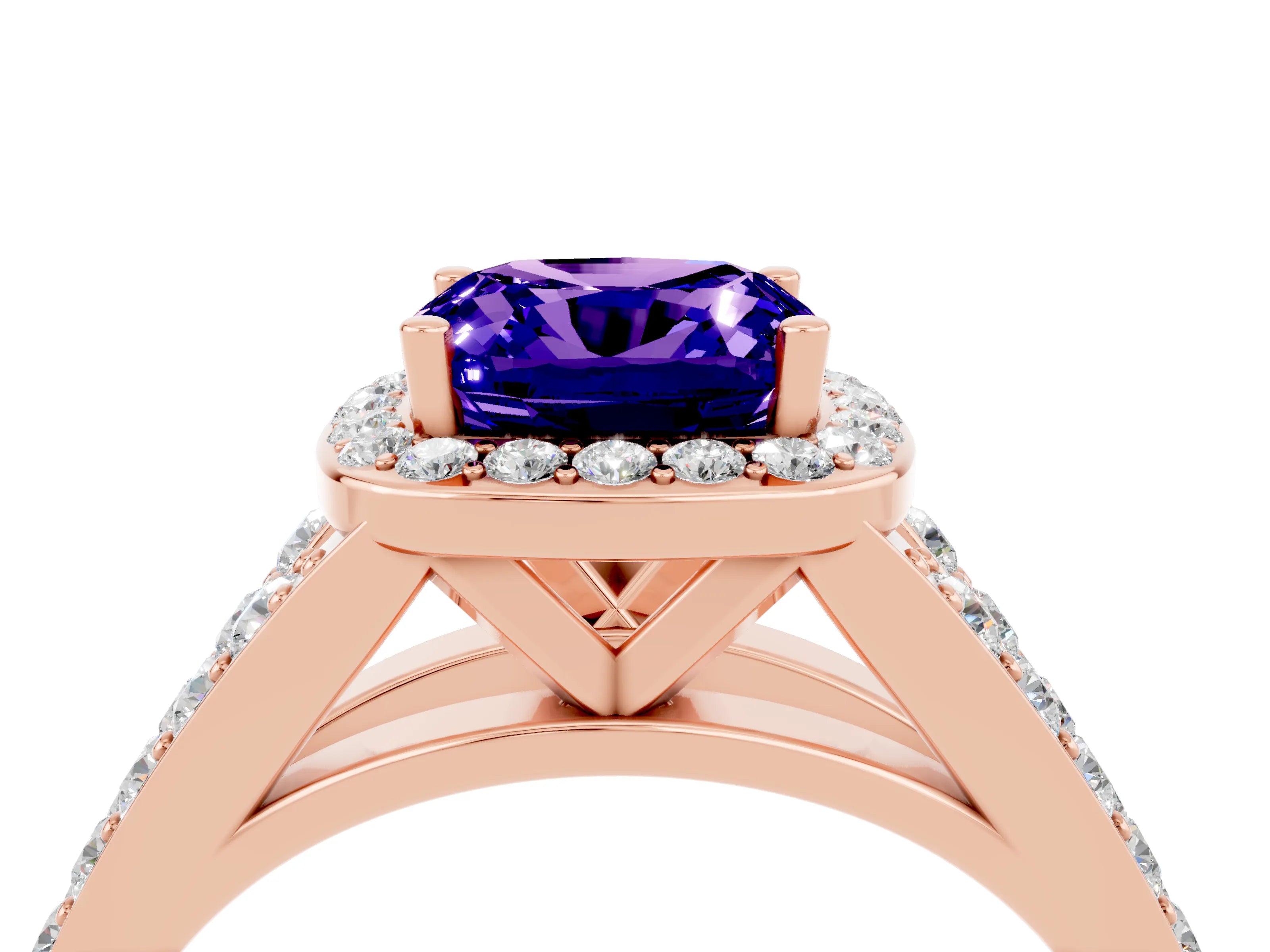 Rose gold Cushion Cut Tanzanite Split Shank Halo Ring with Four-Prong Setting_16