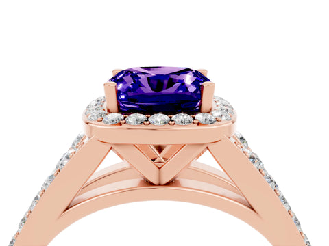 Rose gold Cushion Cut Tanzanite Split Shank Halo Ring with Four-Prong Setting_16