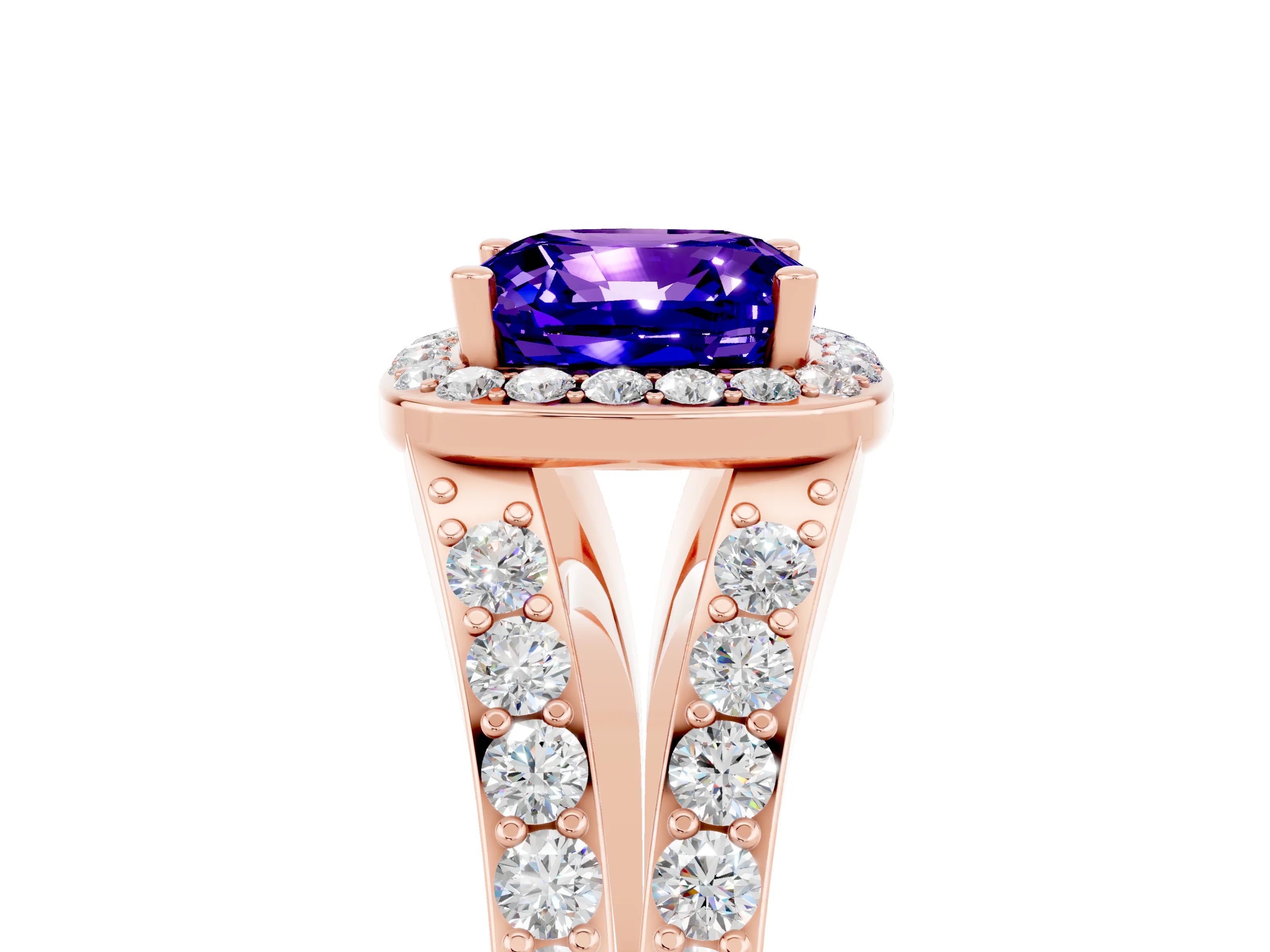 Rose gold Cushion Cut Tanzanite Split Shank Halo Ring with Four-Prong Setting_17
