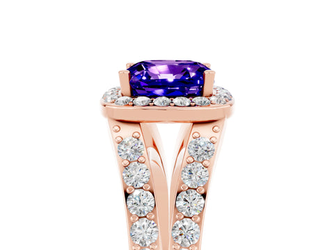 Rose gold Cushion Cut Tanzanite Split Shank Halo Ring with Four-Prong Setting_17