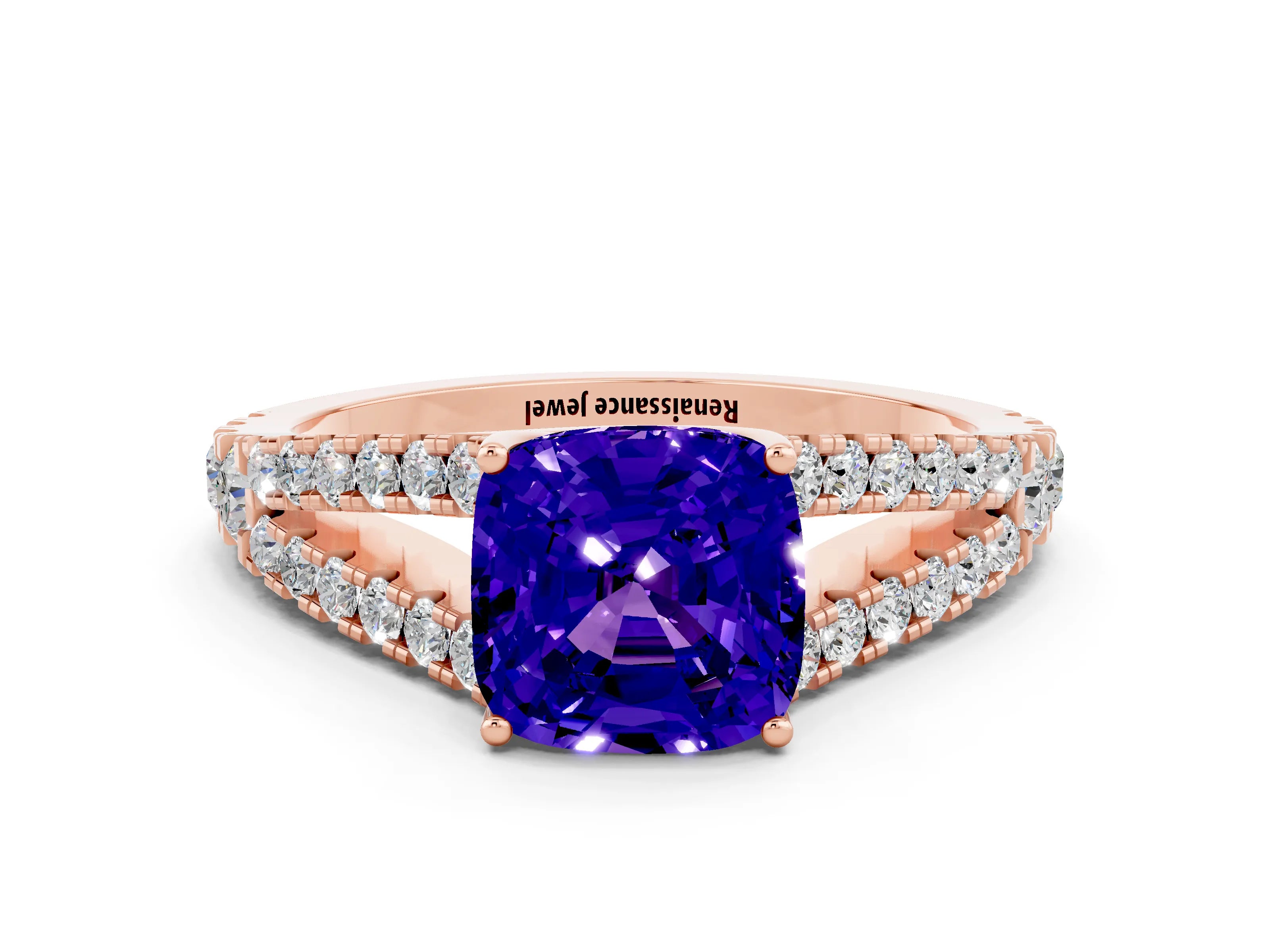 Rose gold Cushion Cut Tanzanite Split Shank Pavé Engagement Ring with Four-Prong Setting_12