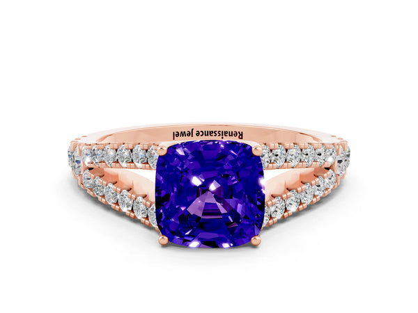 Rose gold Cushion Cut Tanzanite Split Shank Pavé Engagement Ring with Four-Prong Setting