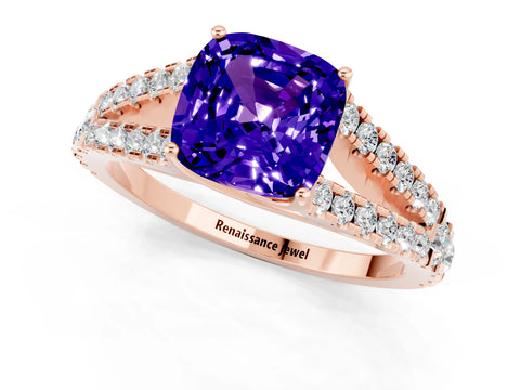 Rose gold Cushion Cut Tanzanite Split Shank Pavé Engagement Ring with Four-Prong Setting_13