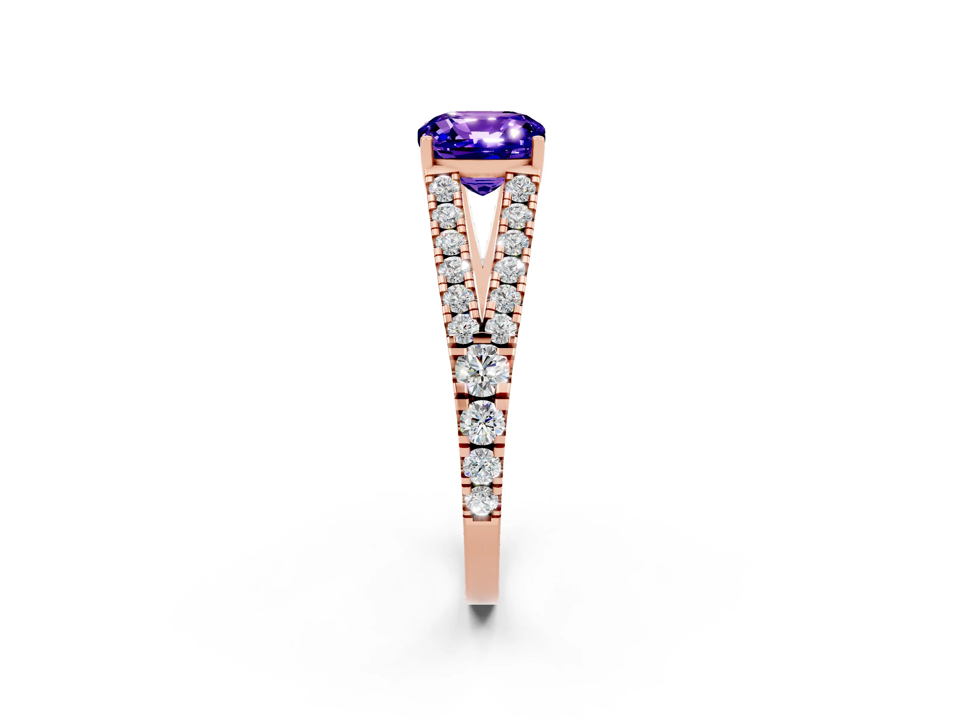 Rose gold Cushion Cut Tanzanite Split Shank Pavé Engagement Ring with Four-Prong Setting_14