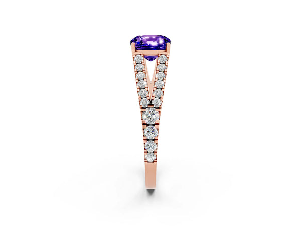 Rose gold Cushion Cut Tanzanite Split Shank Pavé Engagement Ring with Four-Prong Setting