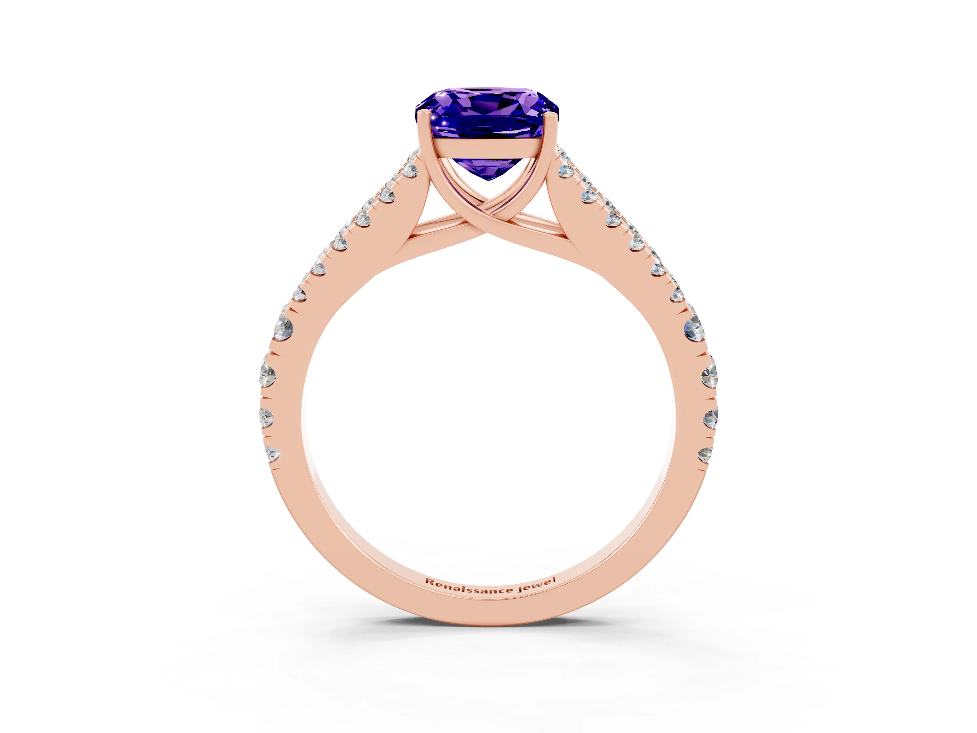 Rose gold Cushion Cut Tanzanite Split Shank Pavé Engagement Ring with Four-Prong Setting_15