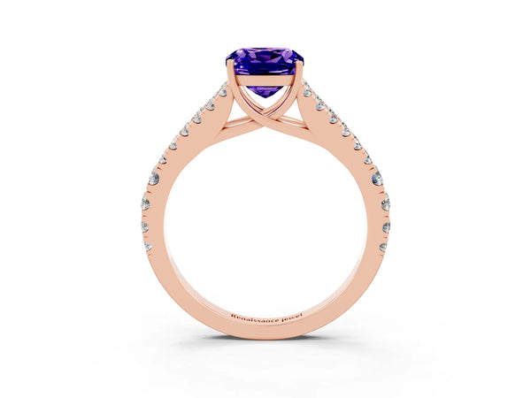 Rose gold Cushion Cut Tanzanite Split Shank Pavé Engagement Ring with Four-Prong Setting