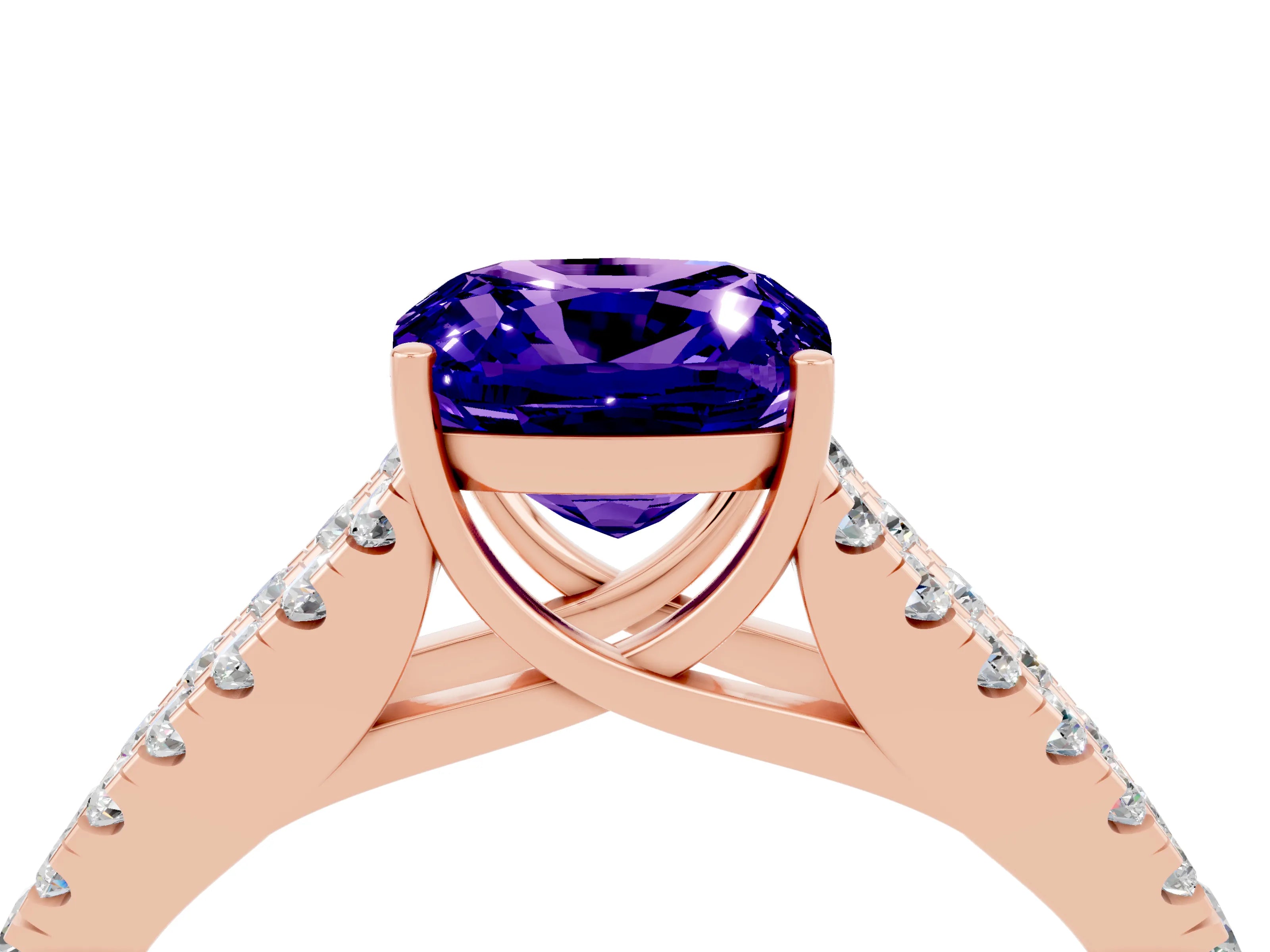 Rose gold Cushion Cut Tanzanite Split Shank Pavé Engagement Ring with Four-Prong Setting_16