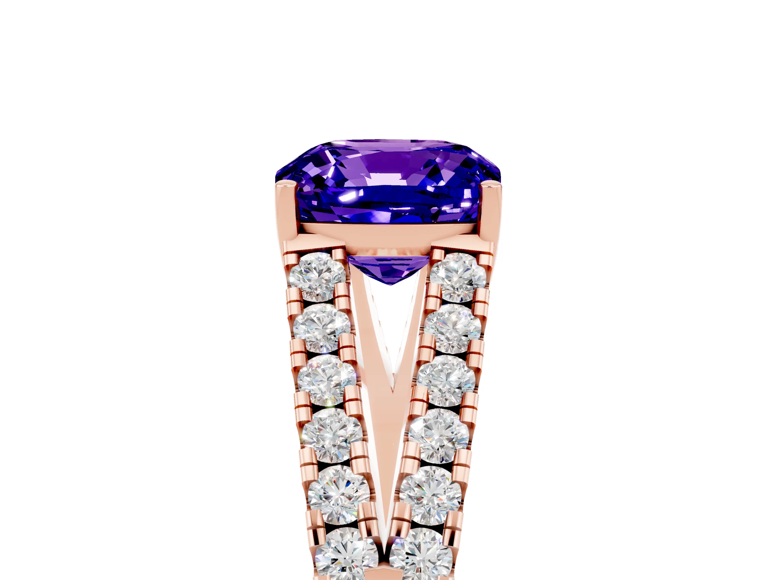 Rose gold Cushion Cut Tanzanite Split Shank Pavé Engagement Ring with Four-Prong Setting_17