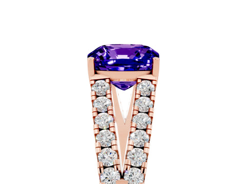 Rose gold Cushion Cut Tanzanite Split Shank Pavé Engagement Ring with Four-Prong Setting_17