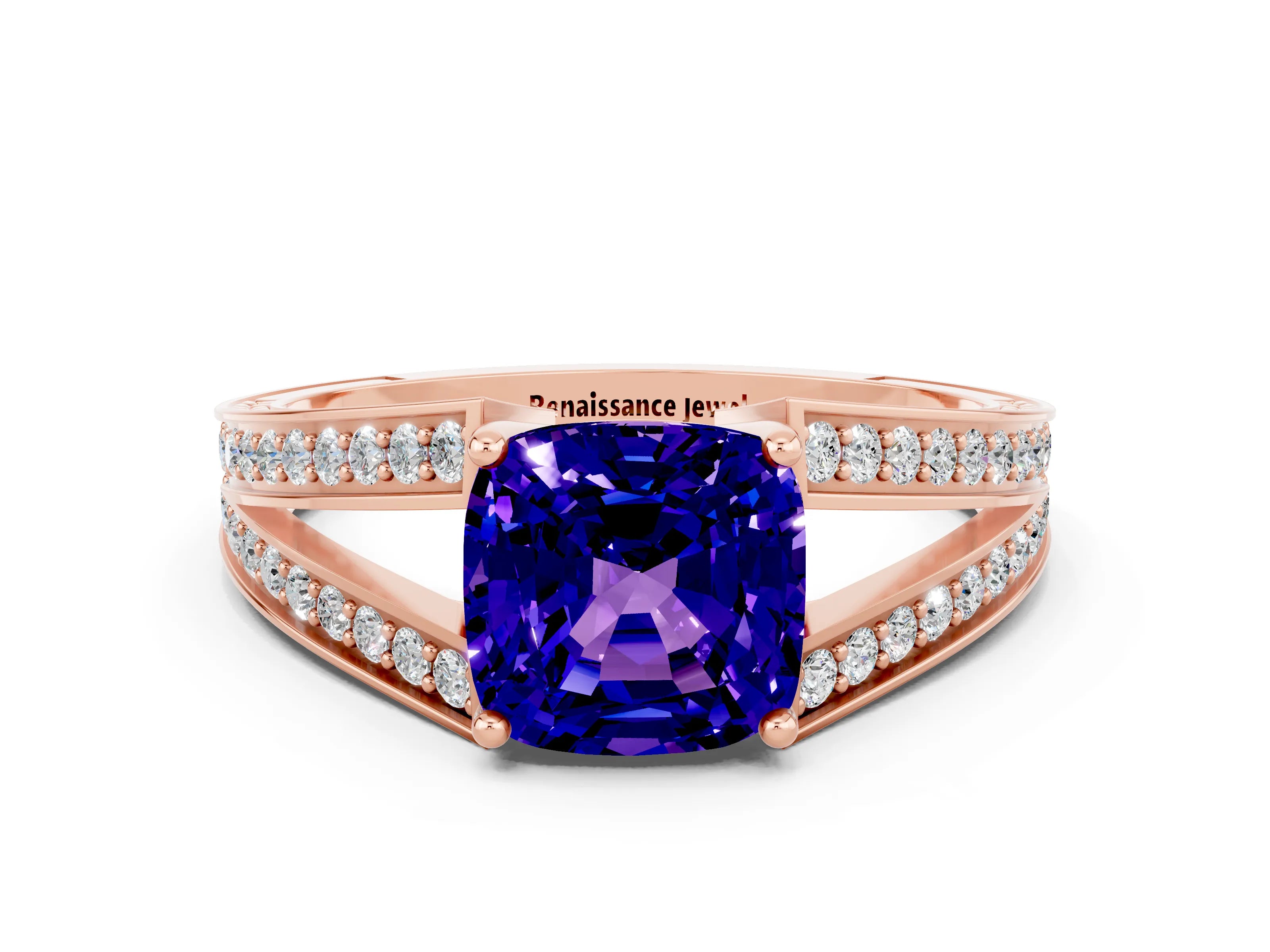 Rose gold Cushion Cut Tanzanite Split Shank Ring with Pavé Band and Four-Prong Setting