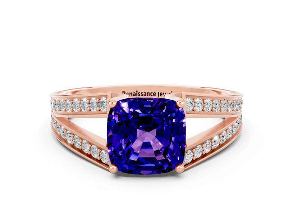 Rose gold Cushion Cut Tanzanite Split Shank Ring with Pavé Band and Four-Prong Setting