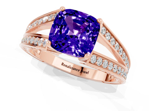 Rose gold Cushion Cut Tanzanite Split Shank Ring with Pavé Band and Four-Prong Setting_1