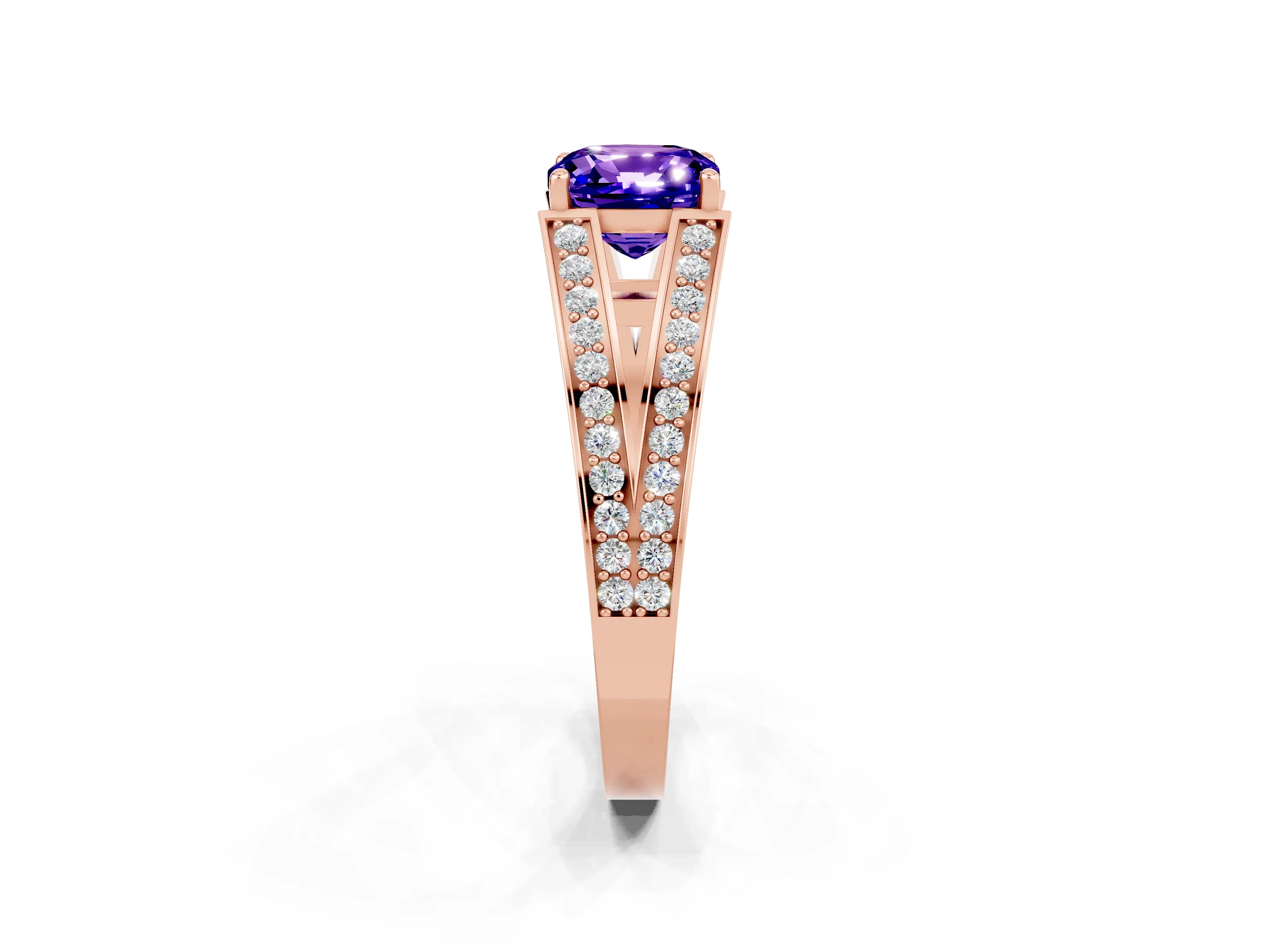 Rose gold Cushion Cut Tanzanite Split Shank Ring with Pavé Band and Four-Prong Setting_2
