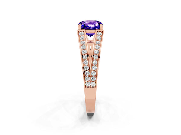 Rose gold Cushion Cut Tanzanite Split Shank Ring with Pavé Band and Four-Prong Setting