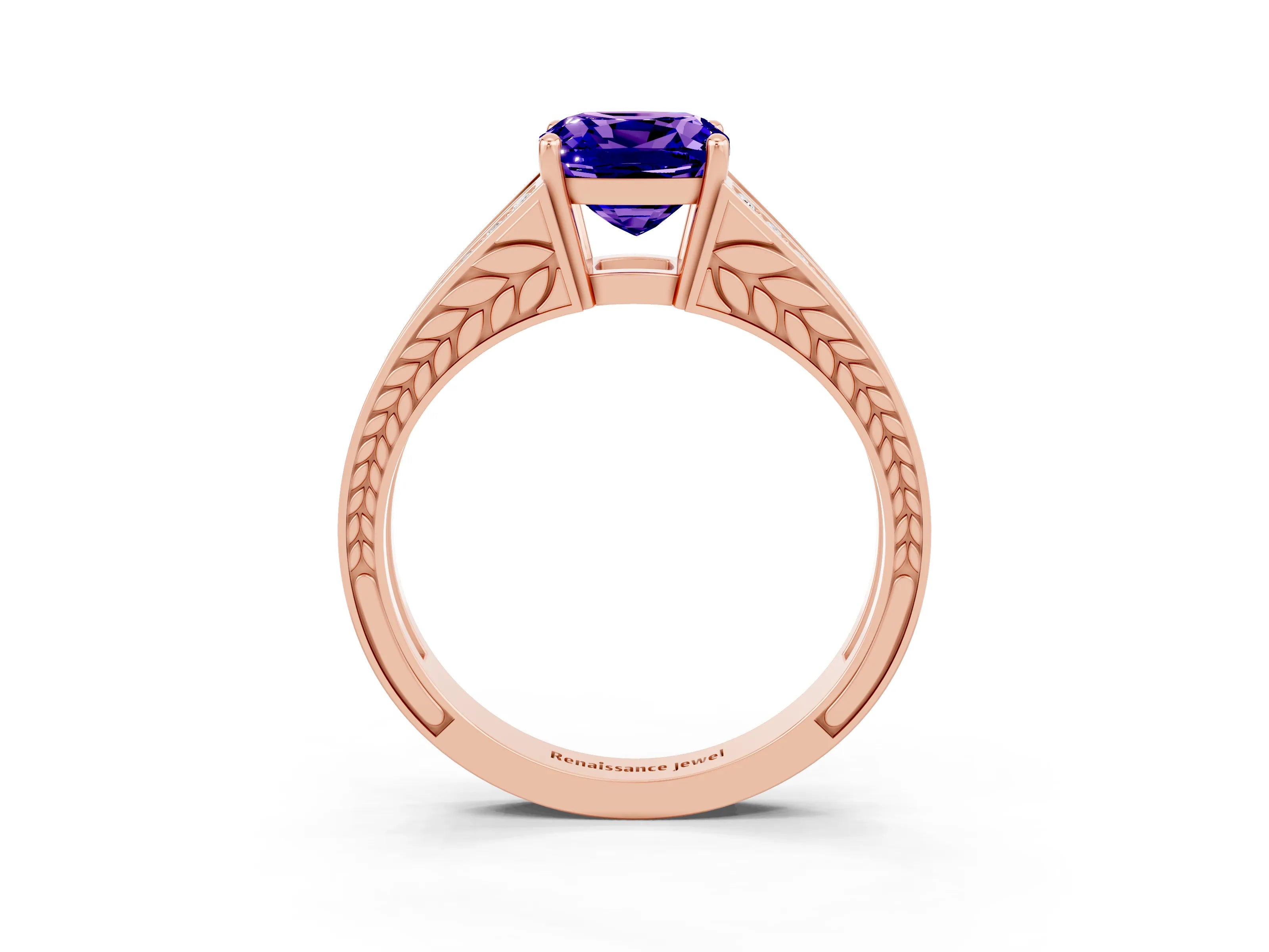 Rose gold Cushion Cut Tanzanite Split Shank Ring with Pavé Band and Four-Prong Setting_3