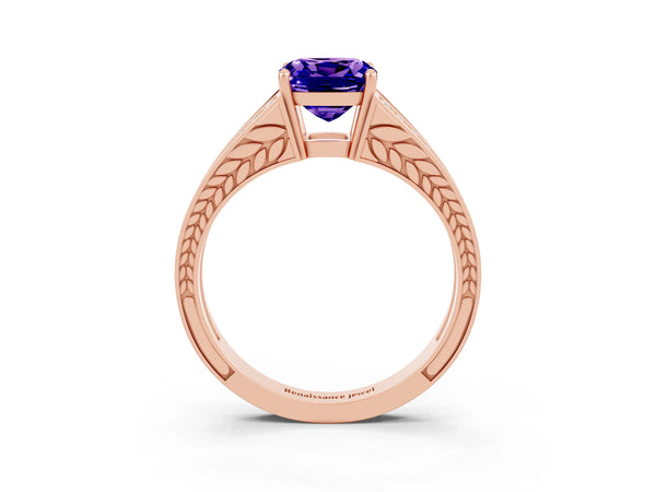 Rose gold Cushion Cut Tanzanite Split Shank Ring with Pavé Band and Four-Prong Setting