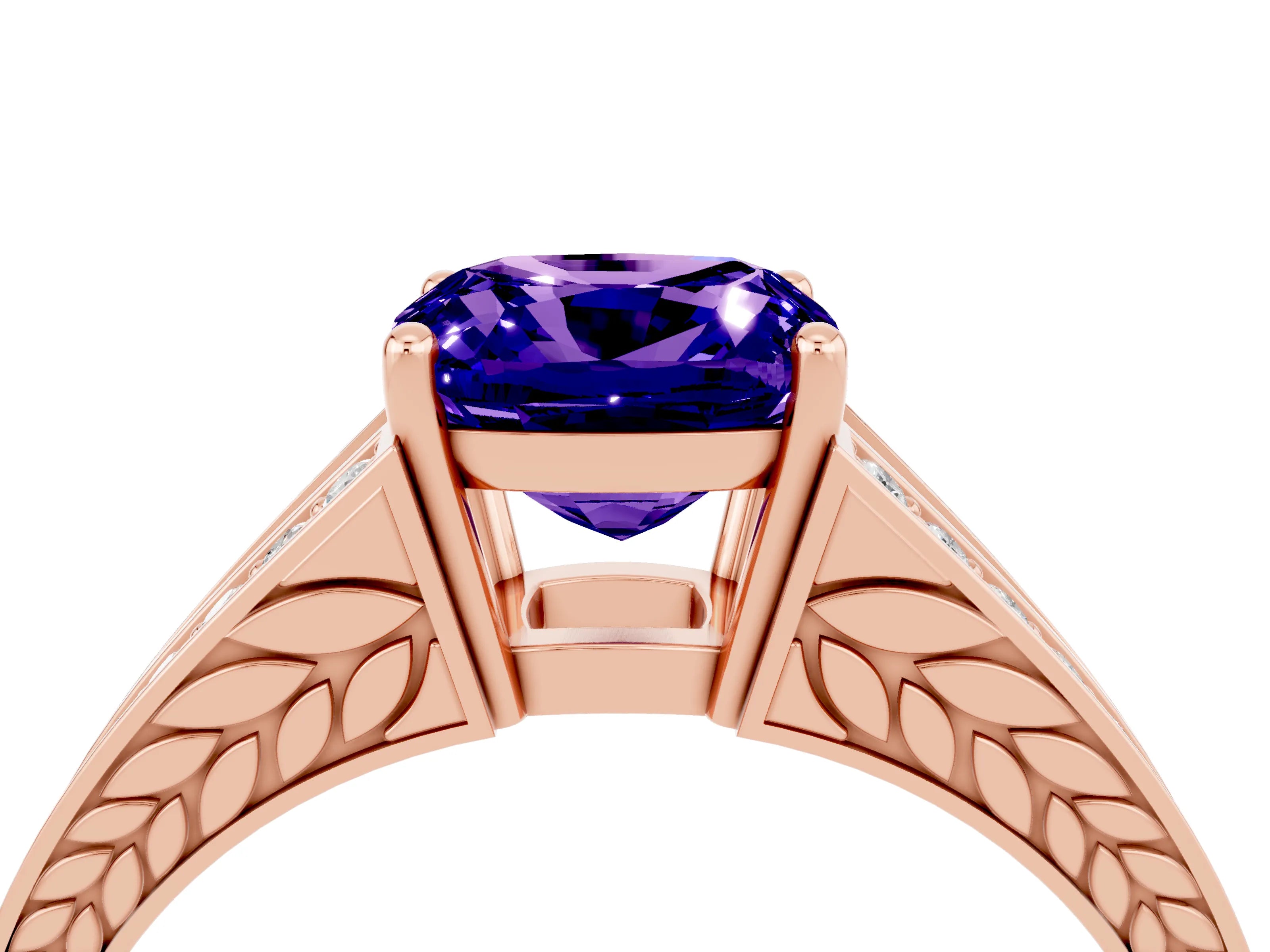 Rose gold Cushion Cut Tanzanite Split Shank Ring with Pavé Band and Four-Prong Setting_4