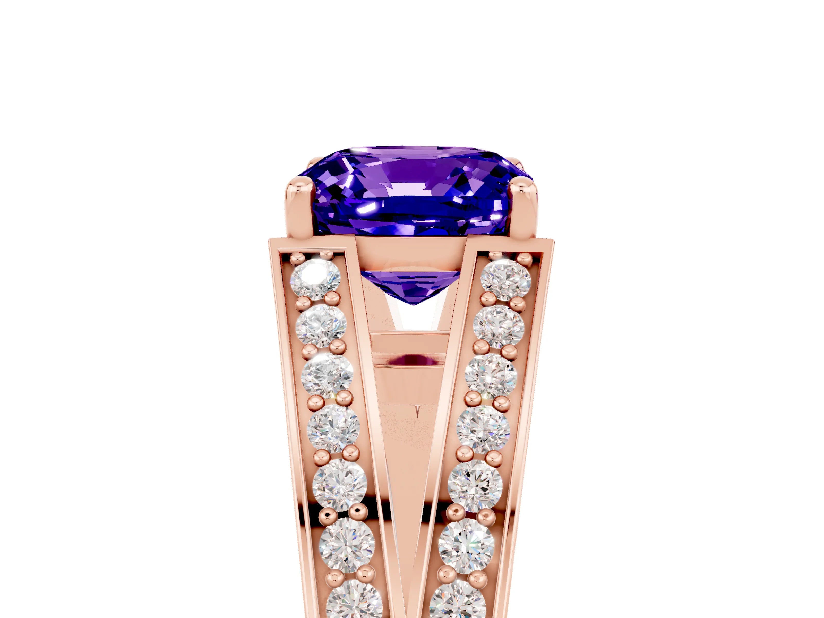 Rose gold Cushion Cut Tanzanite Split Shank Ring with Pavé Band and Four-Prong Setting_5