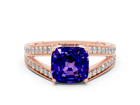 Rose gold Cushion Cut Tanzanite Split Shank Ring with Pavé Band and Four-Prong Setting