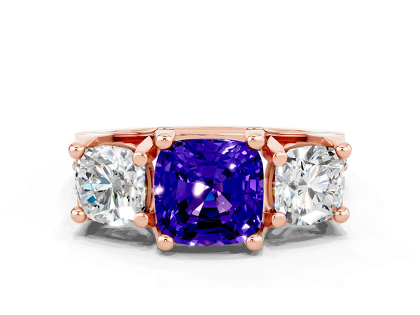 Rose gold Cushion Cut Tanzanite Three-Stone Ring with Channel Set Band and Four-Prong Setting