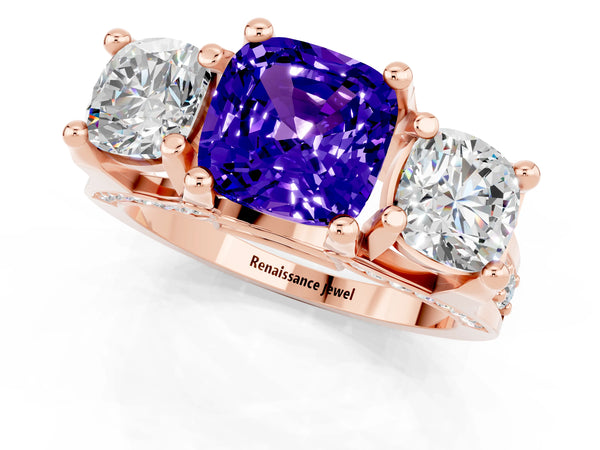 Rose gold Cushion Cut Tanzanite Three-Stone Ring with Channel Set Band and Four-Prong Setting
