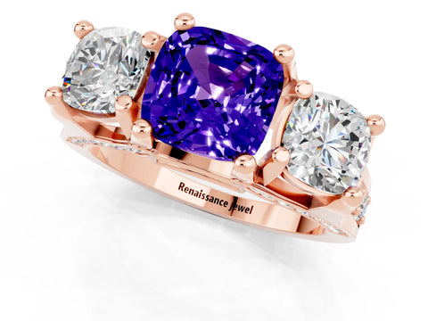Rose gold Cushion Cut Tanzanite Three-Stone Ring with Channel Set Band and Four-Prong Setting_1