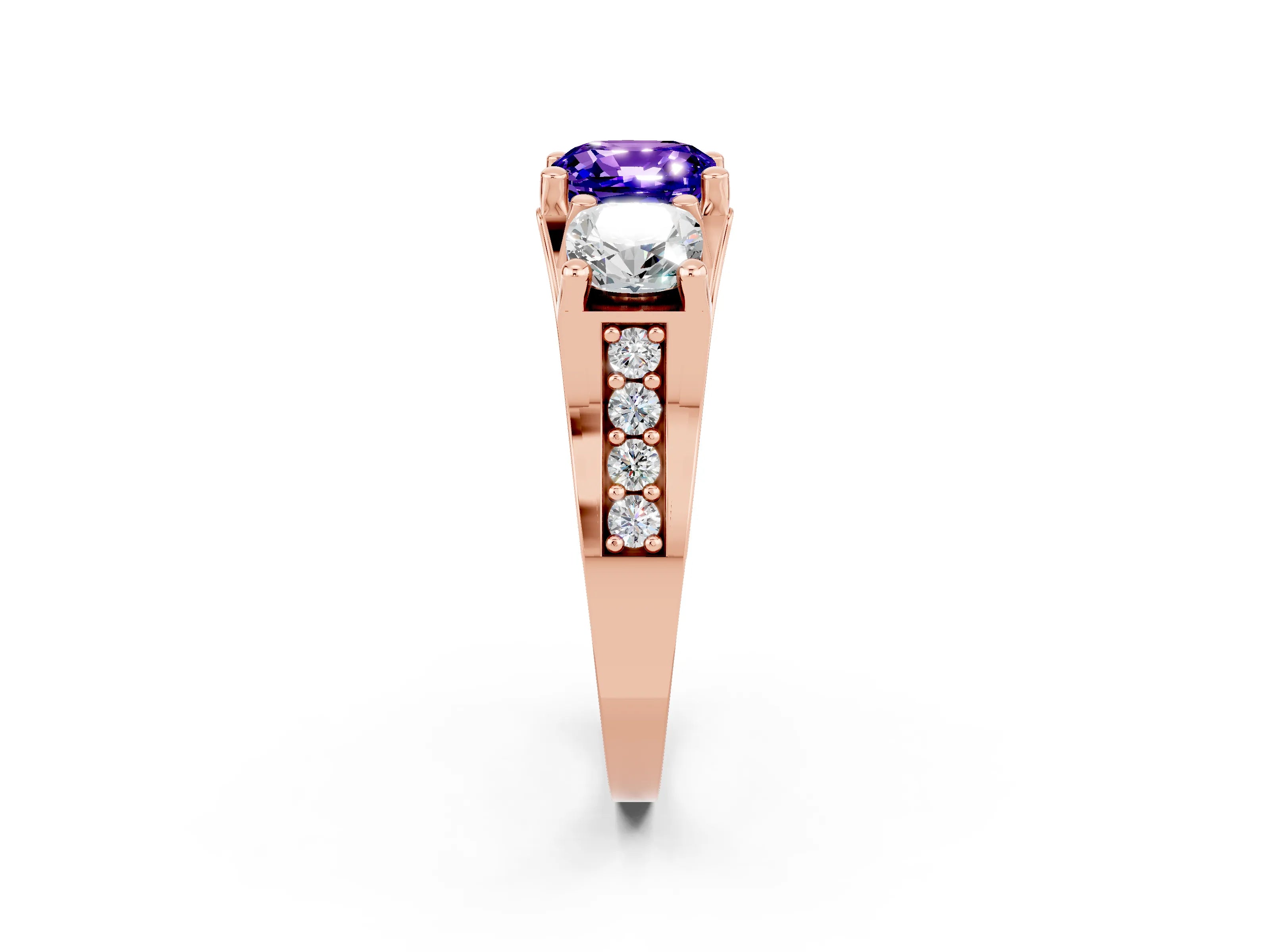 Rose gold Cushion Cut Tanzanite Three-Stone Ring with Channel Set Band and Four-Prong Setting_2