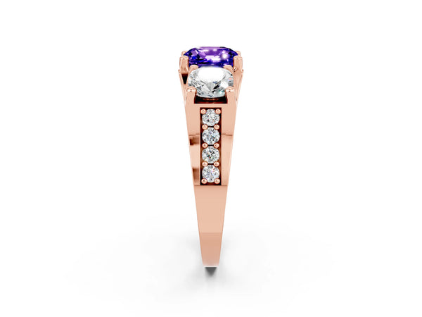 Rose gold Cushion Cut Tanzanite Three-Stone Ring with Channel Set Band and Four-Prong Setting