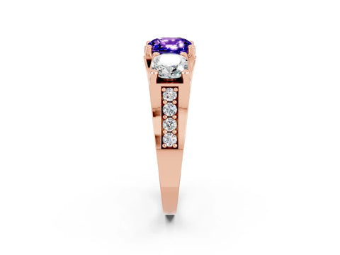 Rose gold Cushion Cut Tanzanite Three-Stone Ring with Channel Set Band and Four-Prong Setting_2