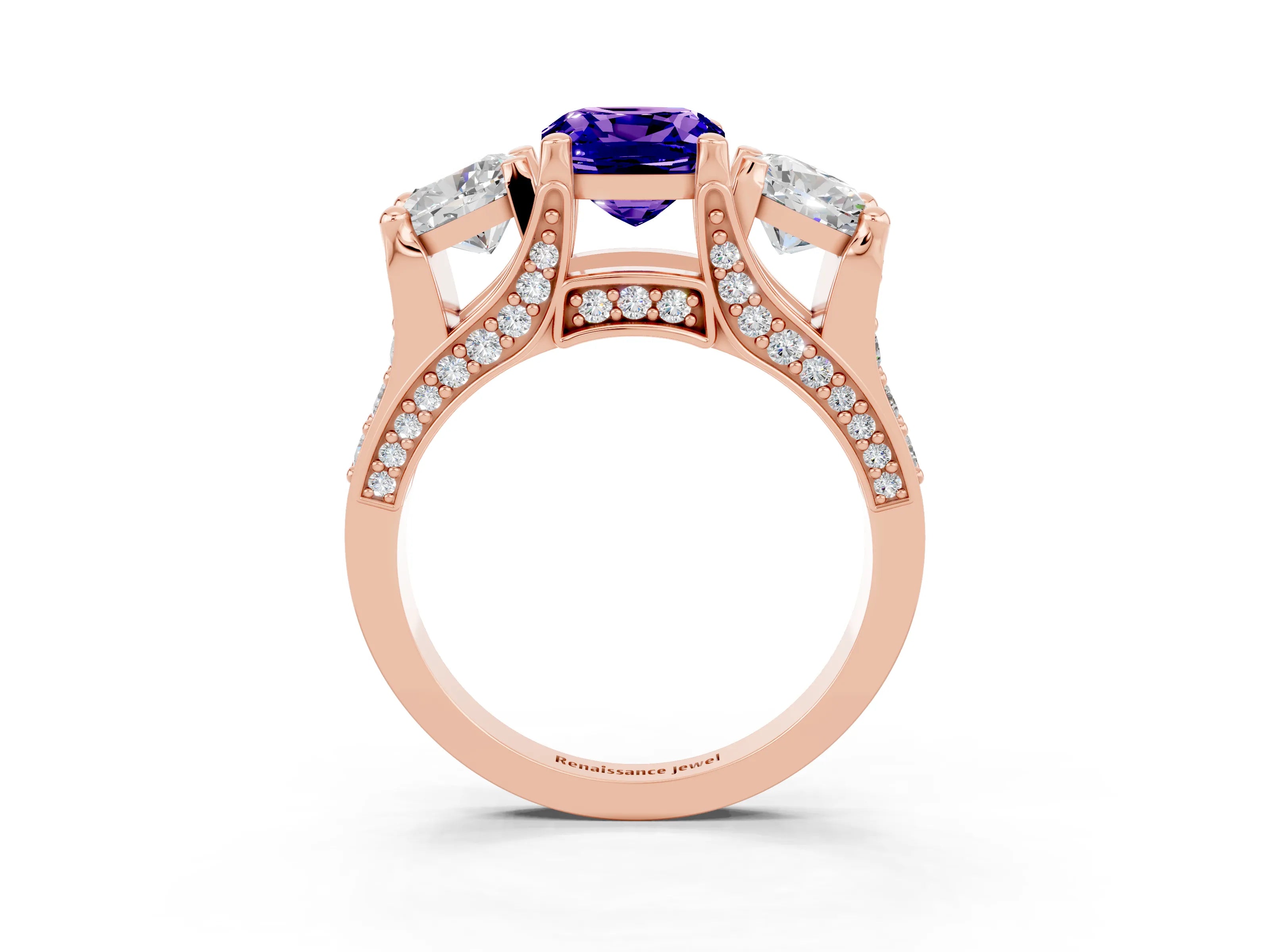 Rose gold Cushion Cut Tanzanite Three-Stone Ring with Channel Set Band and Four-Prong Setting_3