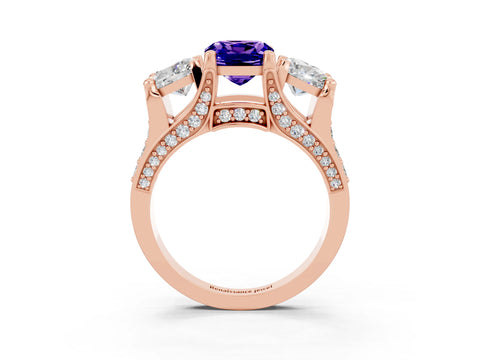 Rose gold Cushion Cut Tanzanite Three-Stone Ring with Channel Set Band and Four-Prong Setting_3