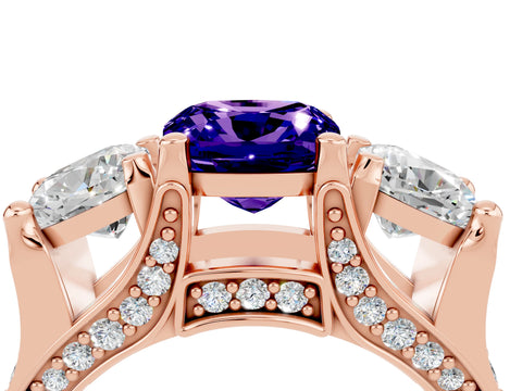 Rose gold Cushion Cut Tanzanite Three-Stone Ring with Channel Set Band and Four-Prong Setting_4