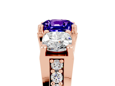 Rose gold Cushion Cut Tanzanite Three-Stone Ring with Channel Set Band and Four-Prong Setting_5