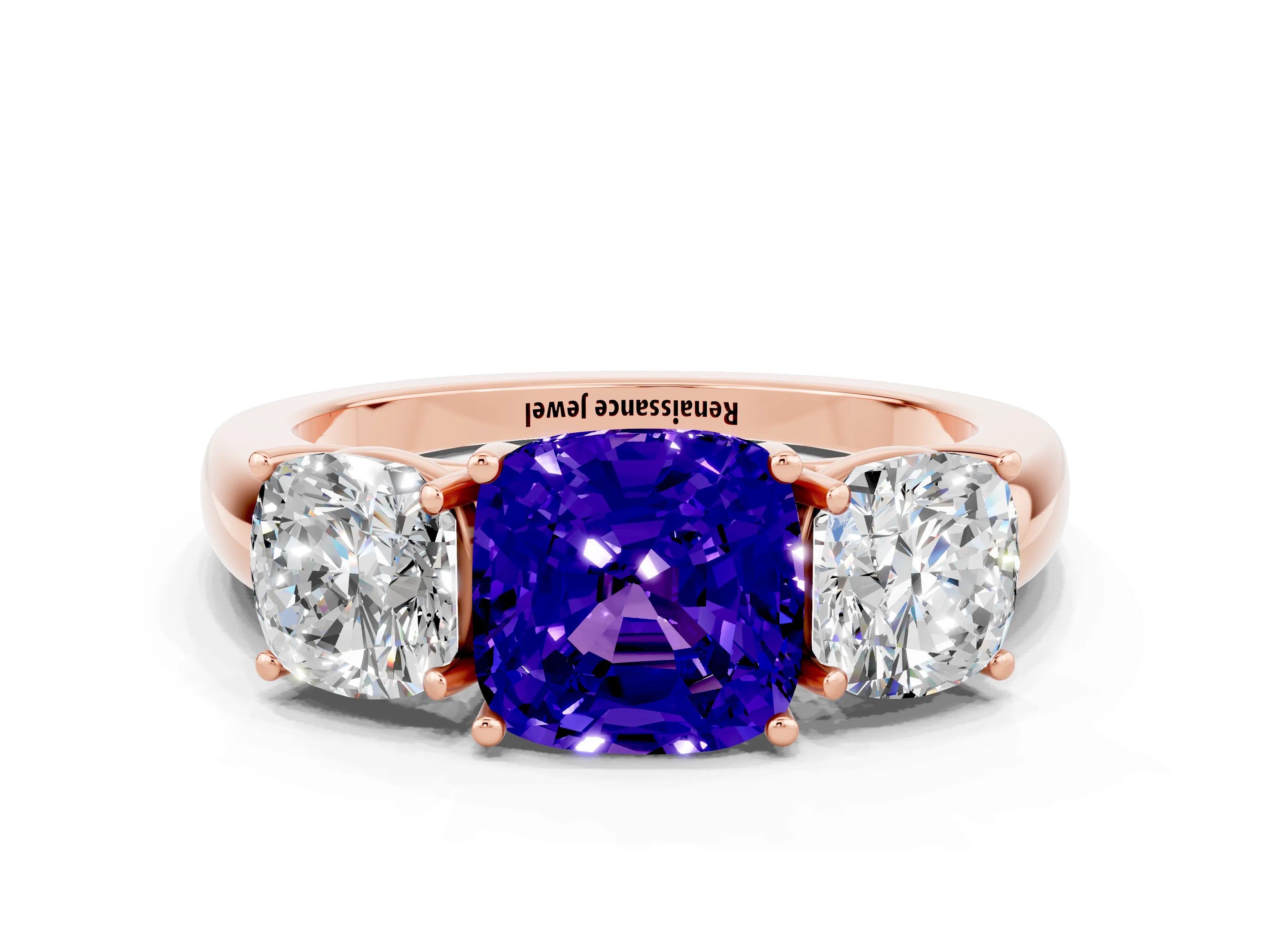 Rose gold Cushion Cut Tanzanite Three-Stone Ring with Four-Prong Setting and Classic Band