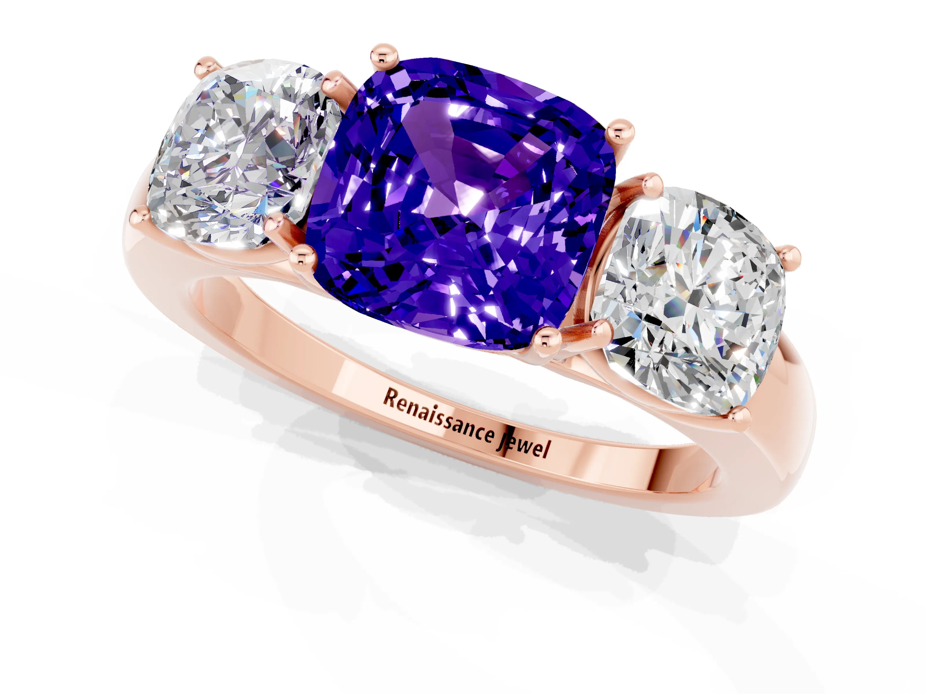 Rose gold Cushion Cut Tanzanite Three-Stone Ring with Four-Prong Setting and Classic Band_1