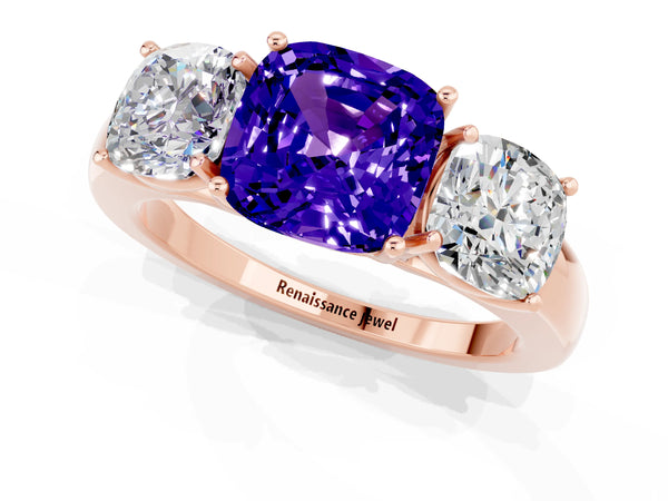 Rose gold Cushion Cut Tanzanite Three-Stone Ring with Four-Prong Setting and Classic Band