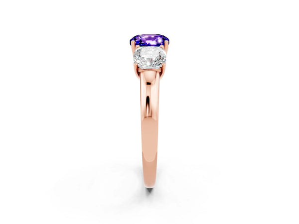 Rose gold Cushion Cut Tanzanite Three-Stone Ring with Four-Prong Setting and Classic Band