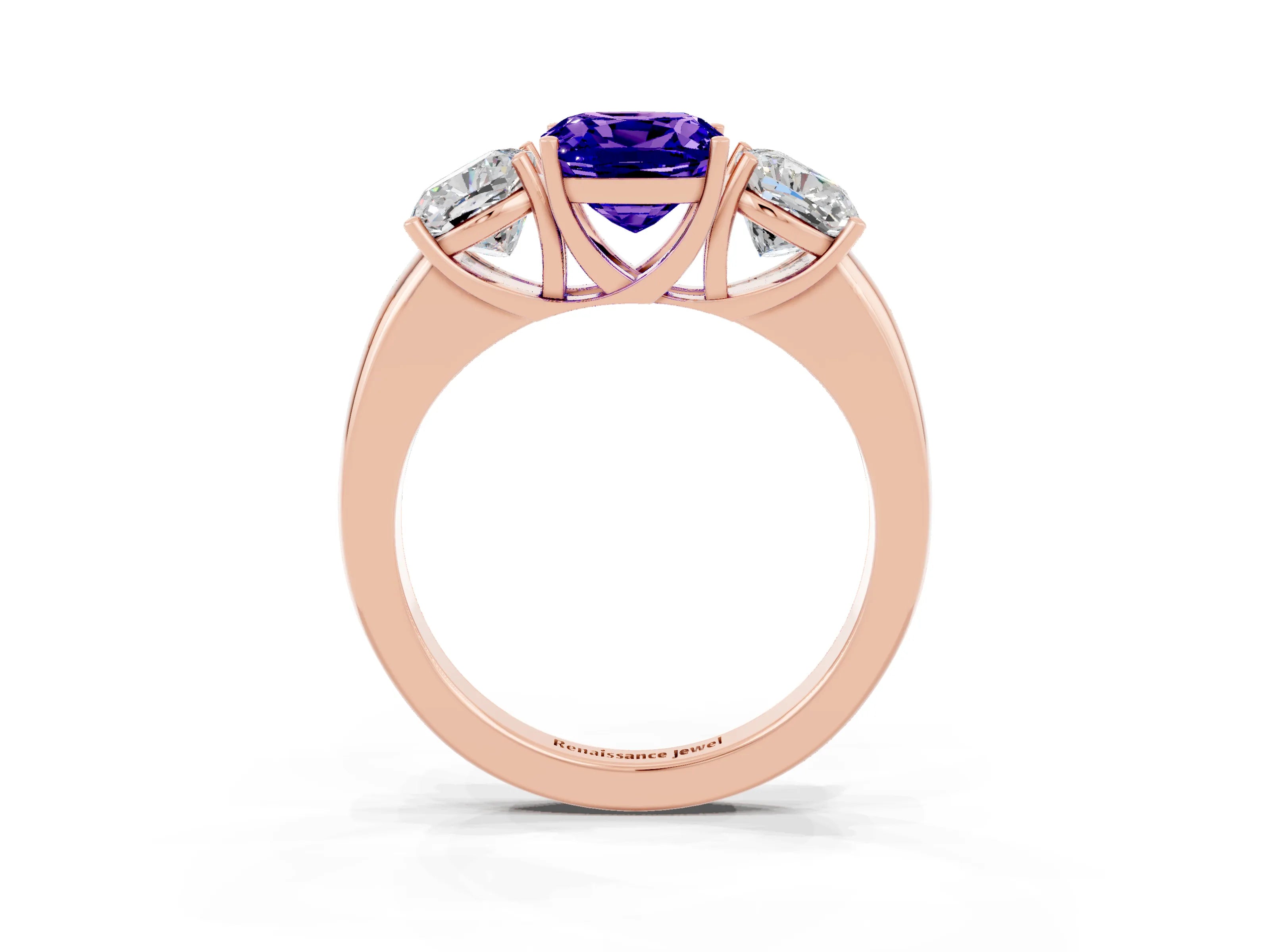 Rose gold Cushion Cut Tanzanite Three-Stone Ring with Four-Prong Setting and Classic Band_3