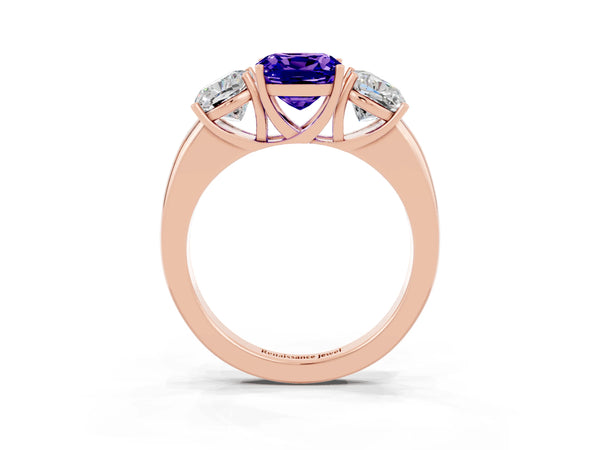 Rose gold Cushion Cut Tanzanite Three-Stone Ring with Four-Prong Setting and Classic Band