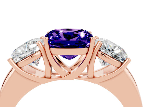 Rose gold Cushion Cut Tanzanite Three-Stone Ring with Four-Prong Setting and Classic Band_4