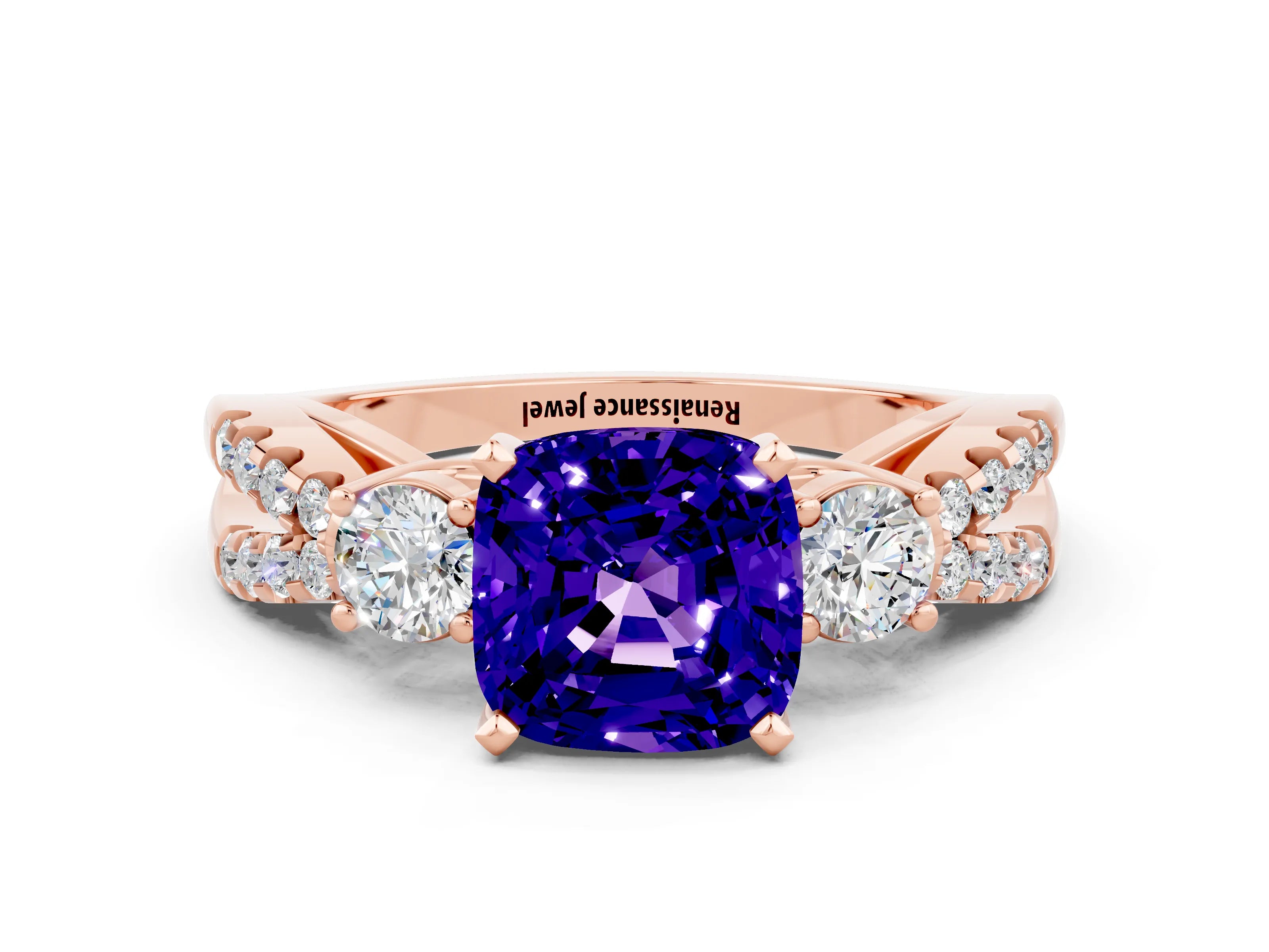 Rose gold Cushion Cut Tanzanite Three-Stone Ring with Pavé Split Shank and Four-Prong Setting_12