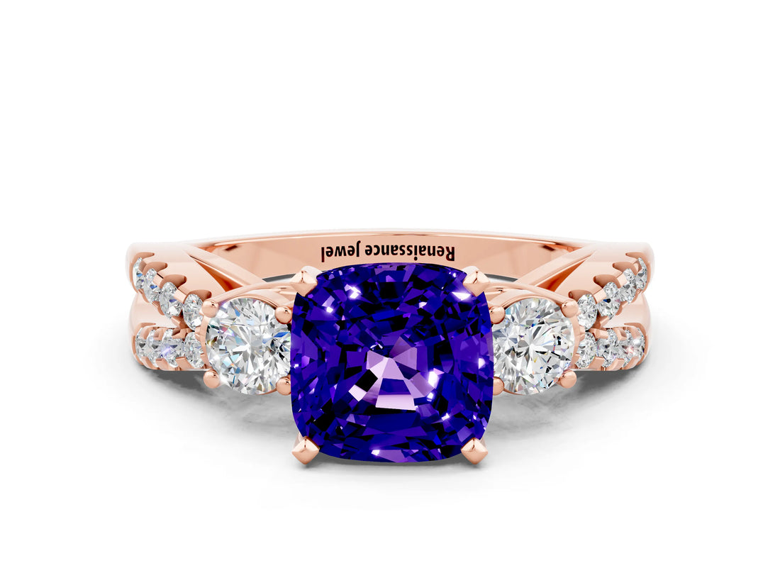 Rose gold Cushion Cut Tanzanite Three-Stone Ring with Pavé Split Shank and Four-Prong Setting_12