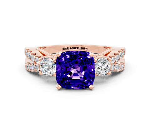 Rose gold Cushion Cut Tanzanite Three-Stone Ring with Pavé Split Shank and Four-Prong Setting_12